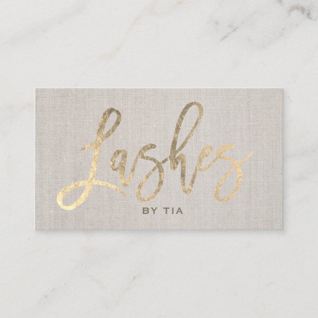 Lashes Eyelash Makeup Artist Gold Typography Linen Business Card (Front)