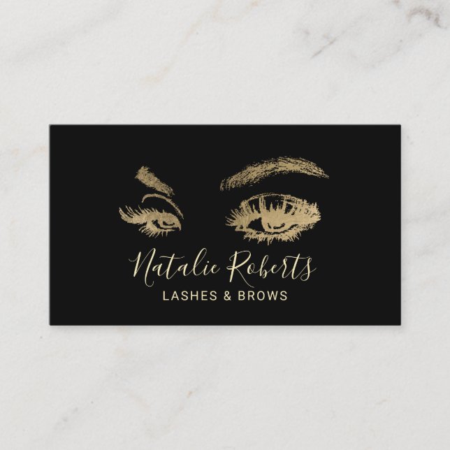 Lashes Eyelash Makeup Artist Modern Black & Gold Business Card (Front)