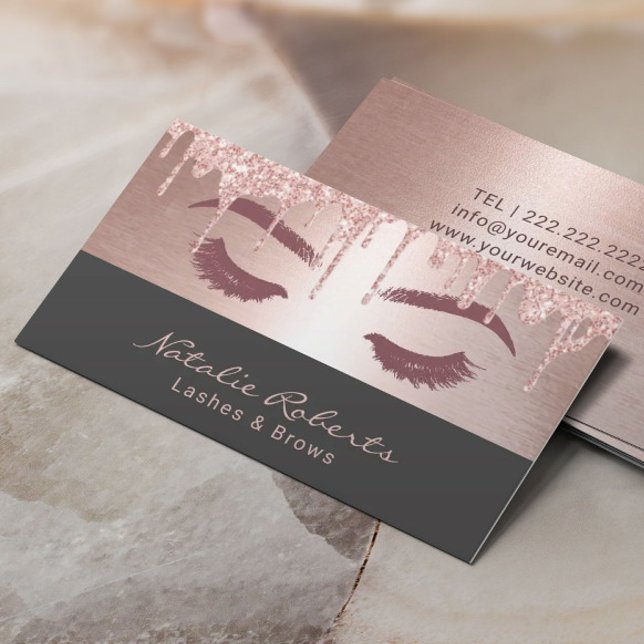 Lashes Eyelash Makeup Artist Rose Gold Drips Gray Business Card (Creator Uploaded)