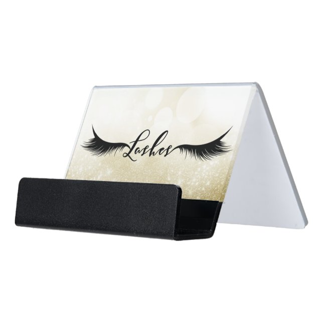 Lashes Eyelashes Extensions Makeup Gold Sparkle Desk Business Card Holder (Angled Front)