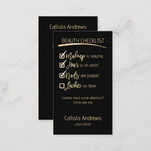 Lashes Gold Black Beauty Checklist Business Logo Appointment Card