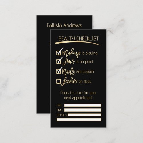 Lashes Gold Black Beauty Checklist Business Logo Appointment Card