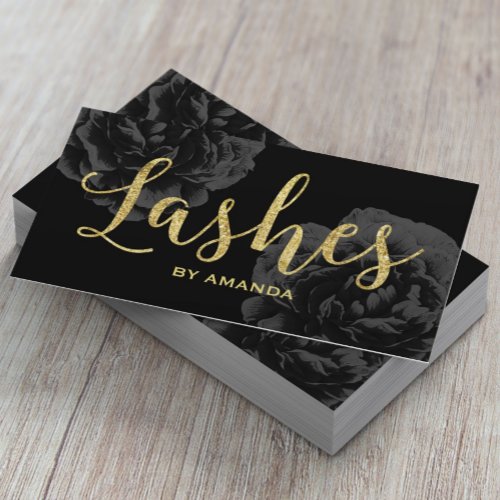 Lashes Gold Script Elegant Black Floral Business Card