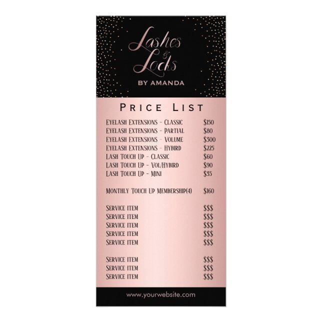 Lashes & Locks Makeup Artist Rose Gold Price List Rack Card (Front)
