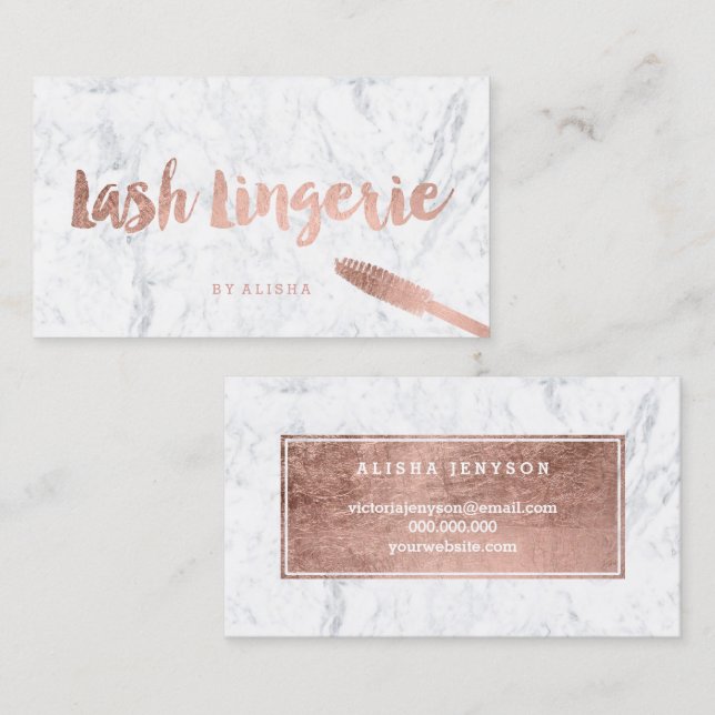 Lashes logo chic faux rose gold typography marble business card (Front/Back)