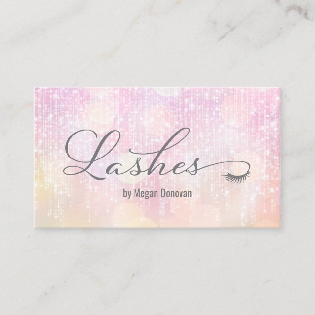 Lashes Logo Pink Sunset Bokeh Sparkle Business Card (Front)
