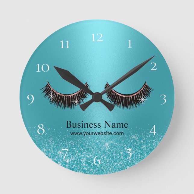 Lashes Makeup Artist Beauty Salon Turquoise Round Clock (Front)