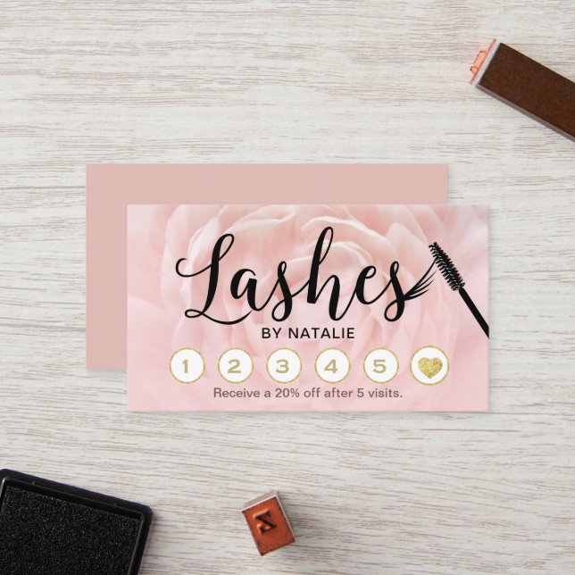Lashes Makeup Artist Blush Pink Floral Loyalty Card (Front/Back In Situ)