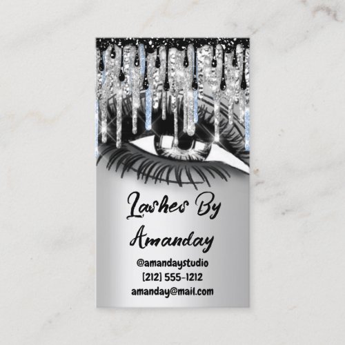 Lashes Makeup Artist Drips Blue QR Code Logo Gray Business Card