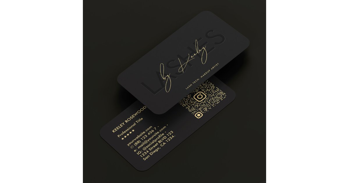 Lashes Makeup Artist Elegant Black IG QR code Business Card | Zazzle