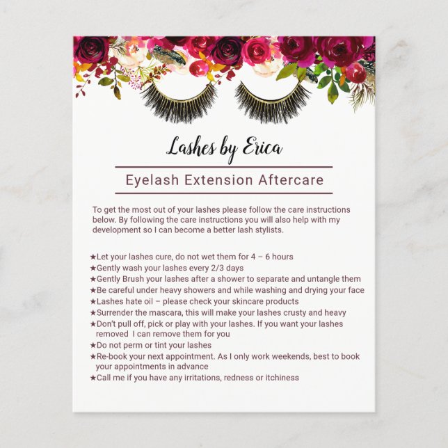 Lashes Makeup Artist Floral Aftercare Instruction Flyer (Front)