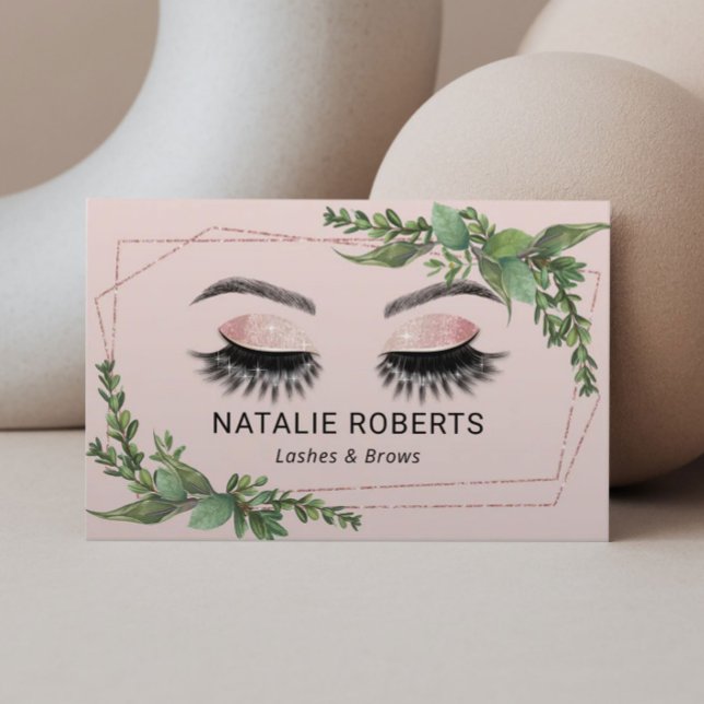 Lashes Makeup Artist Geometric Greenery Blush Pink Business Card (Creator Uploaded)