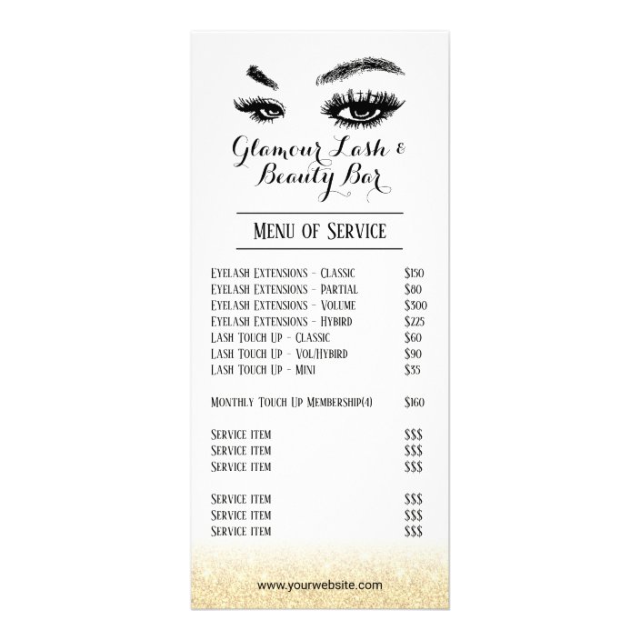 Lashes Makeup Artist Gold Glitter Salon Price List Rack Card | Zazzle.com