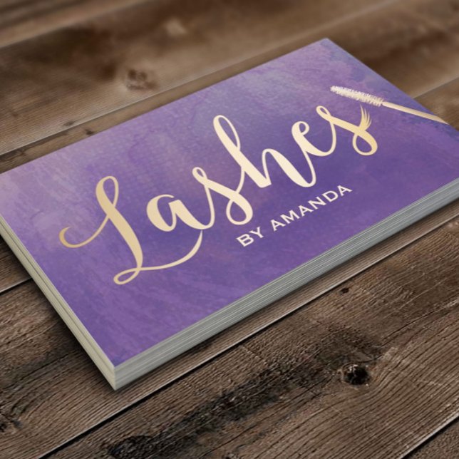 Lashes Makeup Artist Gold Script Elegant Purple Business Card (Creator Uploaded)