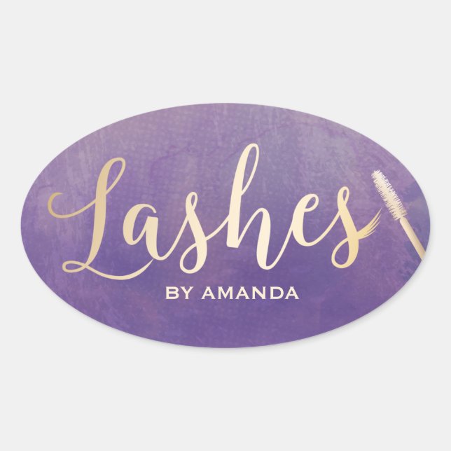 Lashes Makeup Artist Gold Script Elegant Purple Oval Sticker (Front)