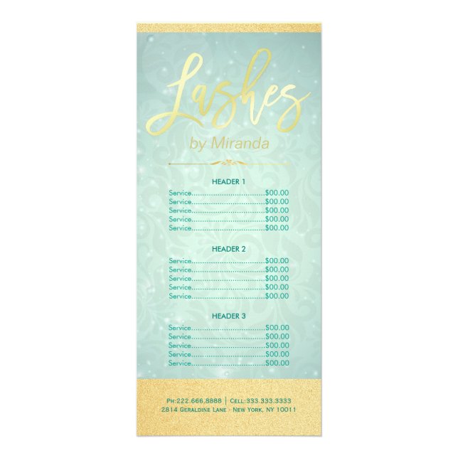 Lashes Makeup Artist Gold Script Green Price List Rack Card (Front)