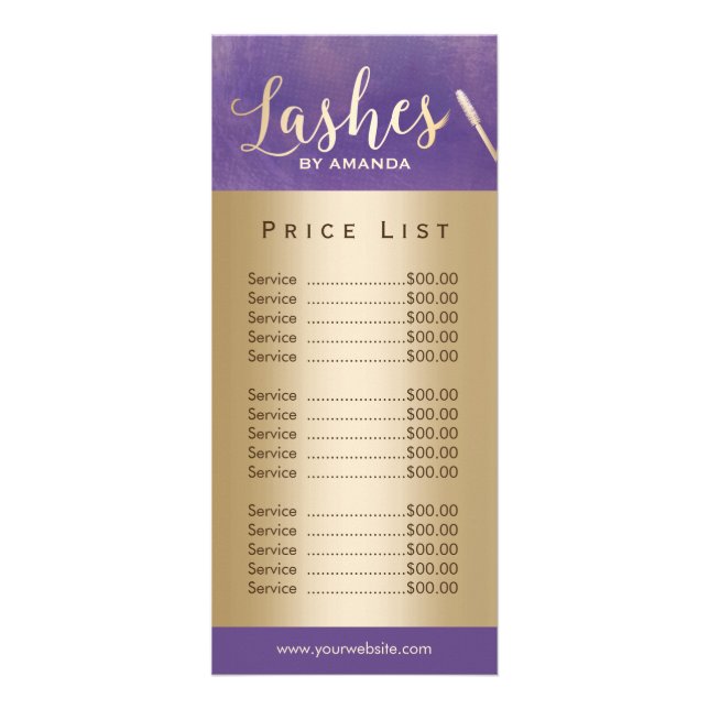 Lashes Makeup Artist Gold Script Purple Price List Rack Card (Front)