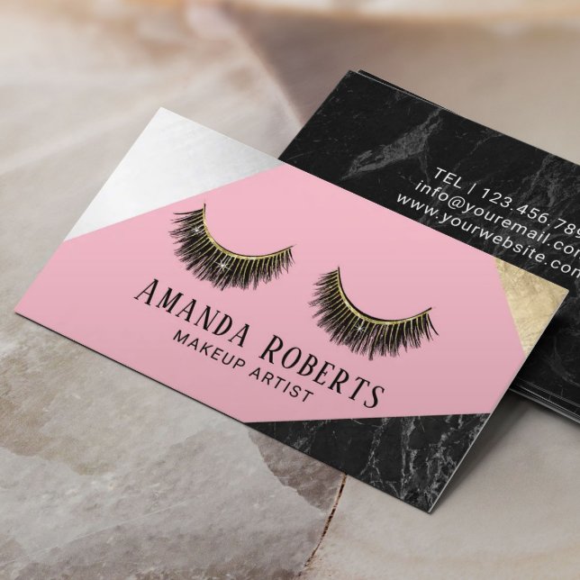 Lashes Makeup Artist Marble Silver Gold Pink Business Card