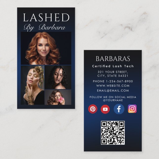 Lashes Makeup Artist Modern Black 4 photo qr code Business Card (Front/Back)