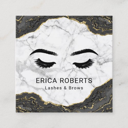 Lashes Makeup Artist Modern Black Gold Marble Square Business Card