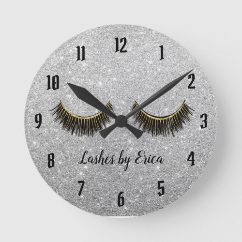 Lashes Makeup Artist Modern Silver Glitter Round Clock