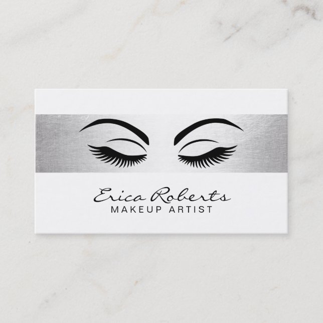 Lashes Makeup Artist Modern Silver Striped Business Card (Front)