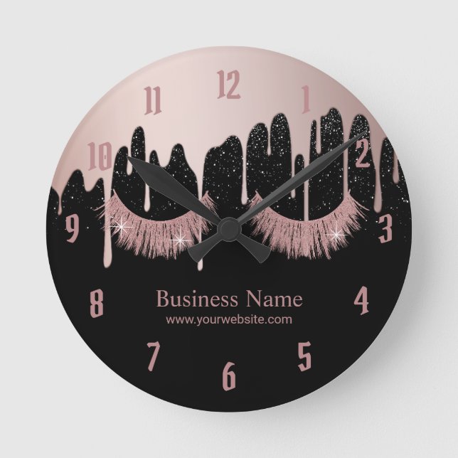 Lashes Makeup Artist Rose Gold Dripping Salon Round Clock (Front)