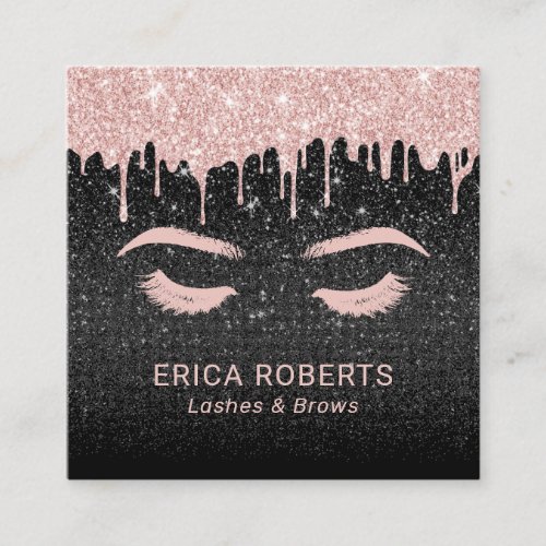 Lashes Makeup Artist Rose Gold Drips Black Glitter Square Business Card