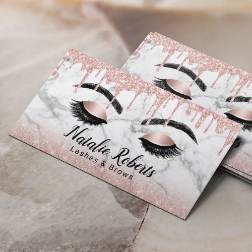 Lashes Makeup Artist Rose Gold Drips White Marble Business Card