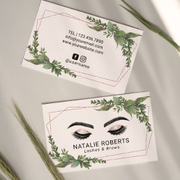 Lashes Makeup Artist Rose Gold Geometric Greenery Business Card