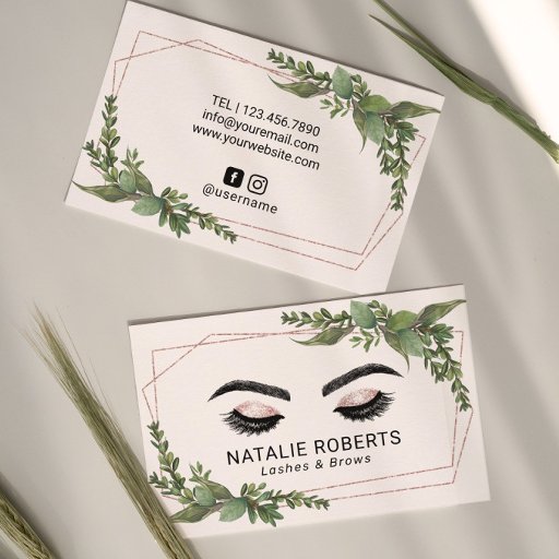 Customizable Lashes Makeup Artist Rose Gold Geometric Greenery Business Card