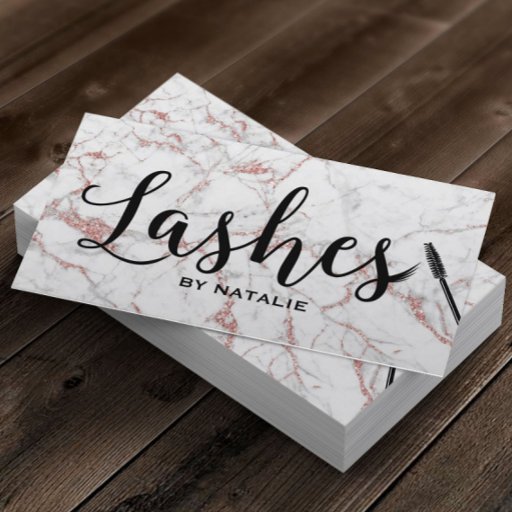 Customizable Lashes Makeup Artist Rose Gold Marble Typography Business Card