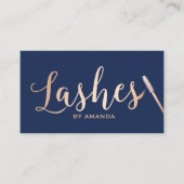 Lashes Makeup Artist Rose Gold Script Navy Blue Business Card (Front)