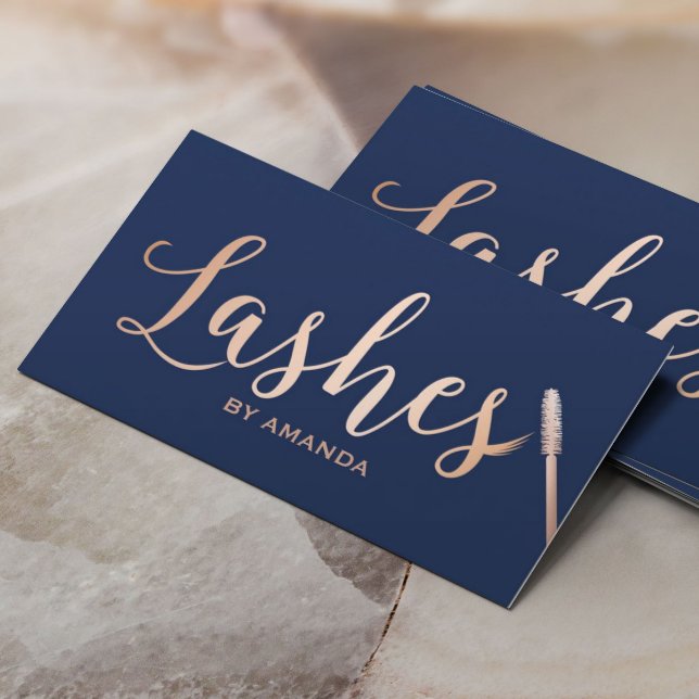 Lashes Makeup Artist Rose Gold Script Navy Blue Business Card