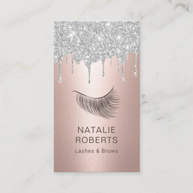 Lashes Makeup Artist Rose Gold Silver Drips Business Card (Front)