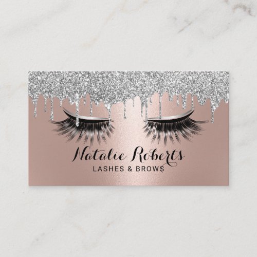 Lashes Makeup Artist Silver Drips Rose Gold Salon Business Card