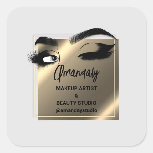 Lashes Makeup Beauty Shop Thank  Black Gold Gray Square Sticker