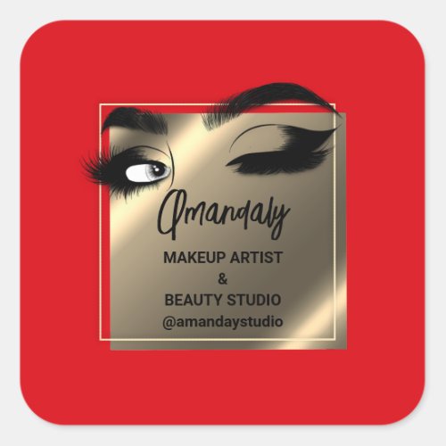 Lashes Makeup Beauty Shop Thank You Black Gold Red Square Sticker