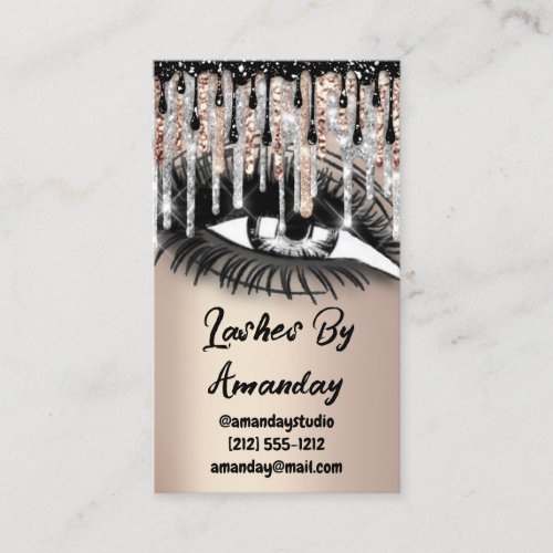 Lashes Makeup Black Drips QR Code Logo Rose Gold Business Card