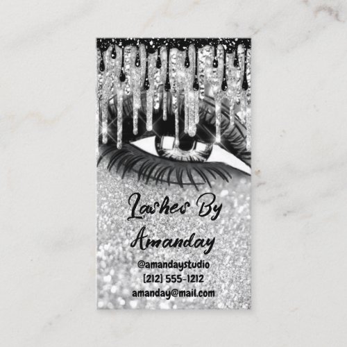 Lashes Makeup Black Drips Silver QR Code Logo Gray Business Card
