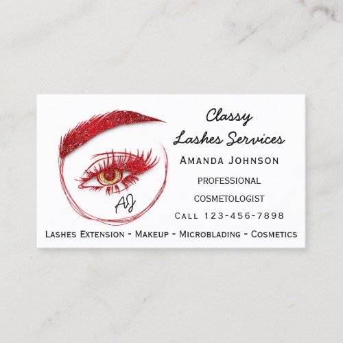 Lashes Makeup Microblade Logo QrCode Monogram Red Business Card