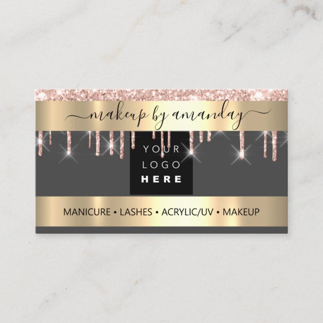 Lashes Makeup Nail Logo Glitter Rose Gold Gray Business Card (Front)