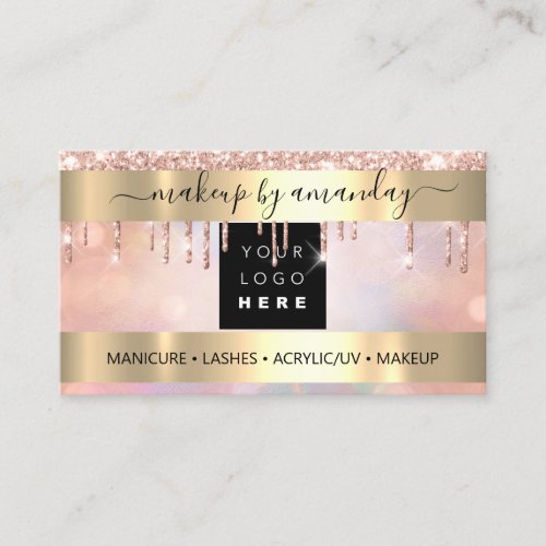 Lashes Makeup Nail Logo Rose Gold Holographic Business Card