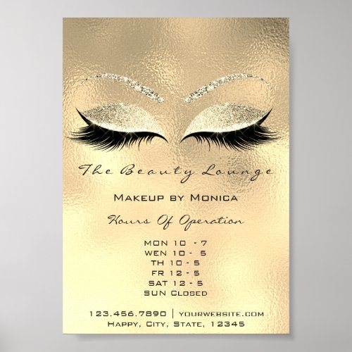 Lashes Makeup Opening Hours Gold Salon Glitter Poster