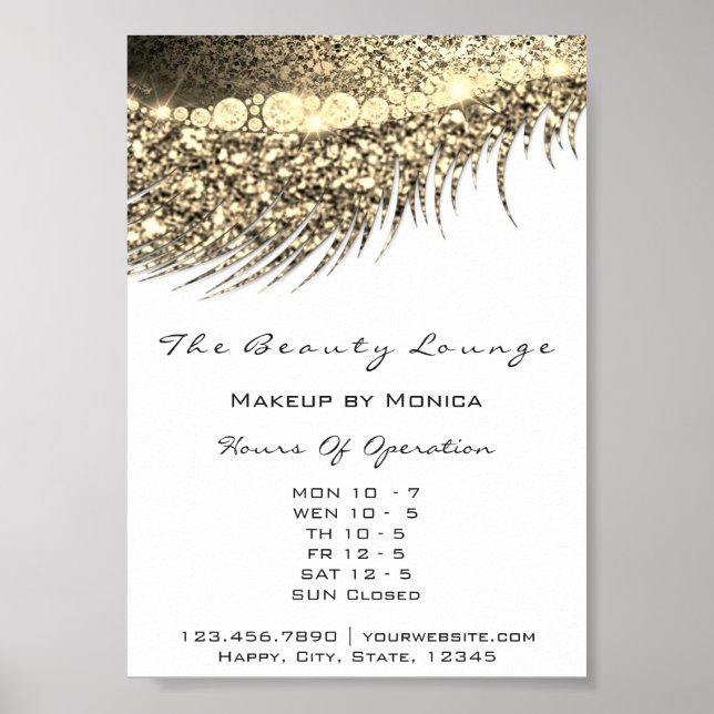 Lashes Makeup Opening Hours Gold Salon Metal White Poster (Front)