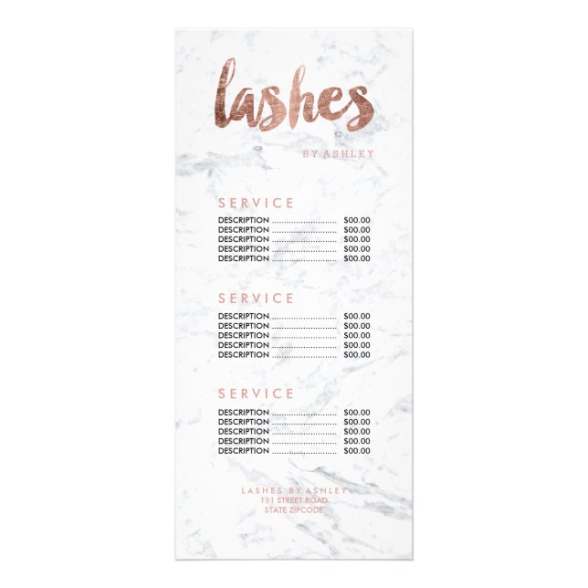 Lashes modern gold typography marble price list rack card (Front)