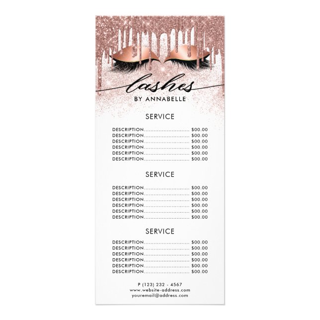 Lashes Modern Rose Gold Price List Rack Card (Front)