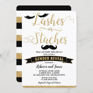 Lashes or Staches Gender Reveal Baby Shower Gold Invitation