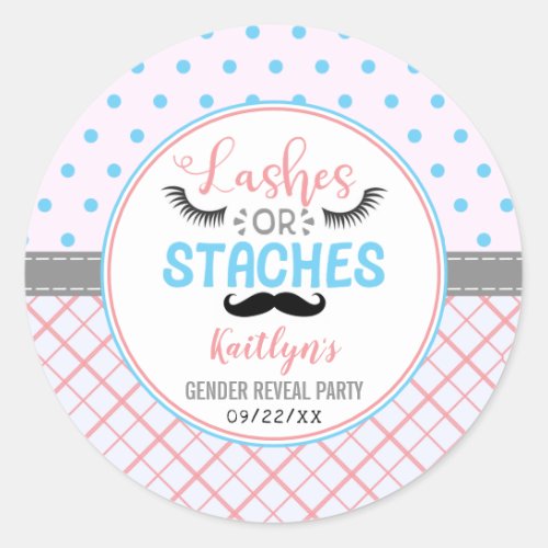 Lashes Or Staches Modern Gender Reveal Party Classic Round Sticker