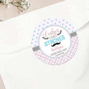 "Lashes Or Staches" Modern Gender Reveal Party Classic Round Sticker